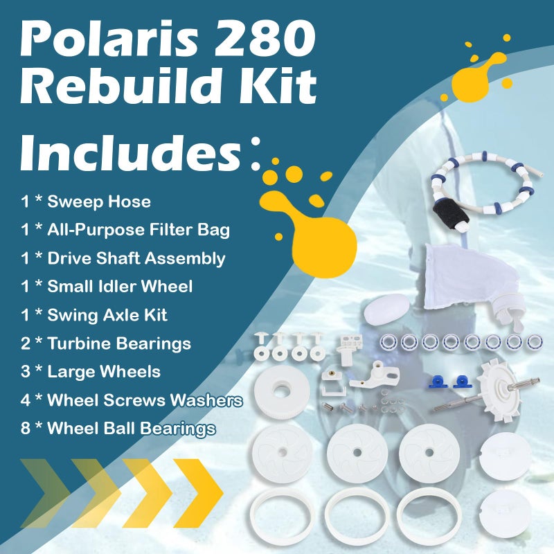 Kefly Pool Cleaner Rebuild Repair Replacement Kit for Polaris Zodiac Pool Cleaner 280 with Wheel, Tire, Drive Shaft, Turbine Bearing, All Purpoe Bag, Sweep Hose, Wheel Bearing, Tailsweep Pro - Image 5